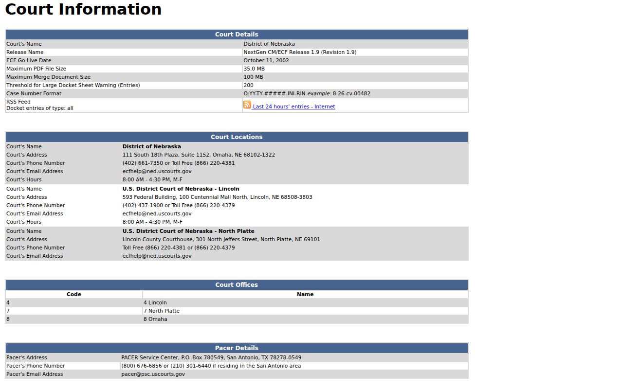 Furnas County case search federal CM ECF information screen