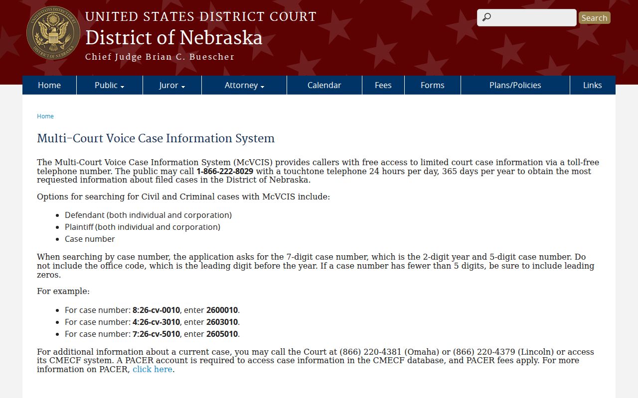 Furnas County case search federal McVCIS case status access