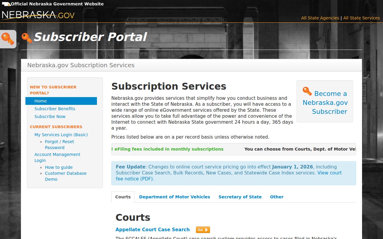 Furnas County case search Nebraska subscriber service screen