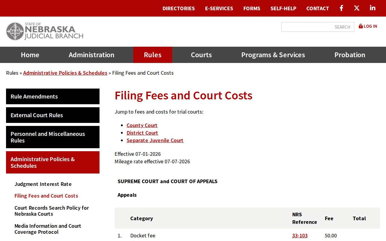Furnas County court records Nebraska filing fee schedule