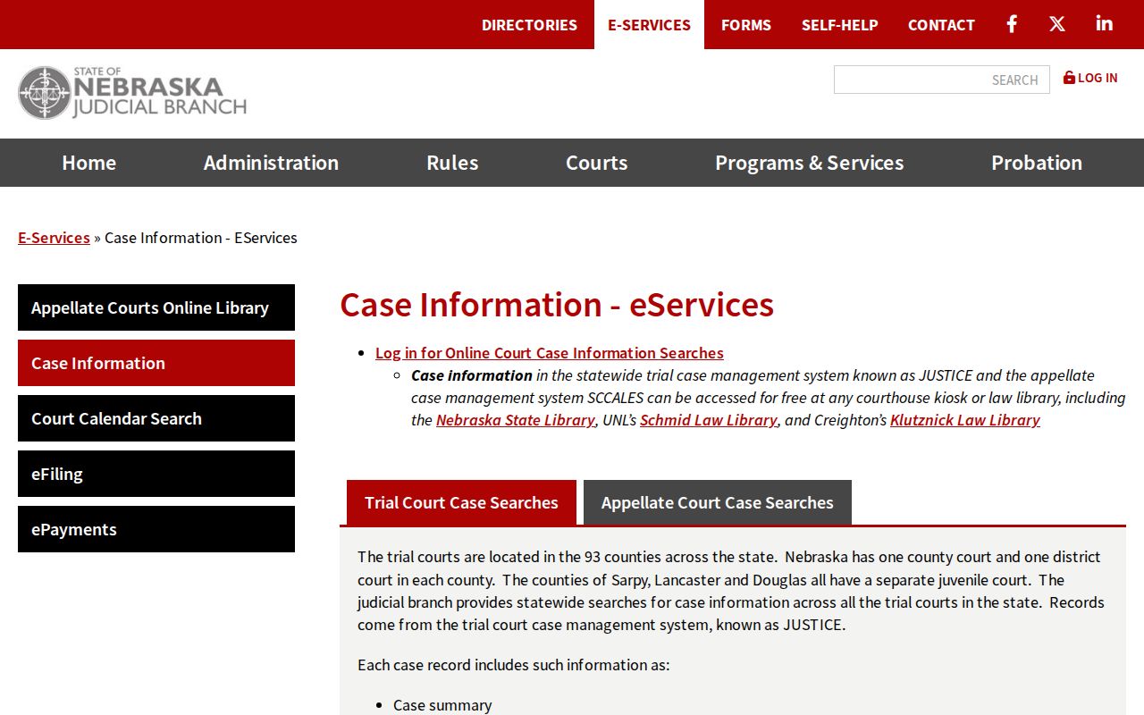 Nebraska Judicial Branch case information service choices